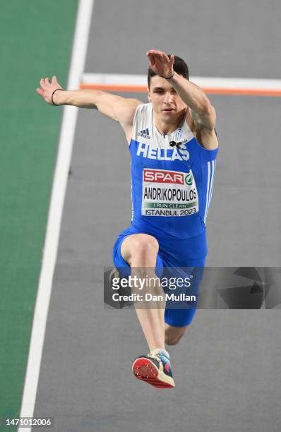 Nikolaos Andrikopoulos of Greece competes during the Men's Triple Jump Final during Day 1 of the European Athletics Indoor Championships at the...