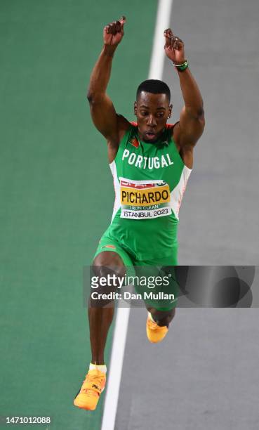 Pedro Pichardo of Portugal competes during the Men's Triple Jump Final during Day 1 of the European Athletics Indoor Championships at the Atakoy...