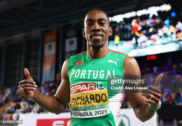 Pedro Pichardo of Portugal celebrates after winning the Men's Triple Jump Final during Day 1 of the European Athletics Indoor Championships at the...