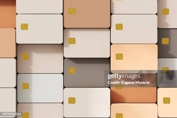 digitally generated image of coloured credit cards - shopping cart 3d stock pictures, royalty-free photos & images