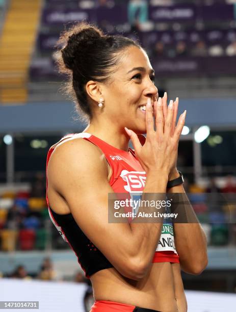 Mujinga Kambundji of Switzerland celebrates after winning the Women's 60m Final during Day 1 of the European Athletics Indoor Championships at the...