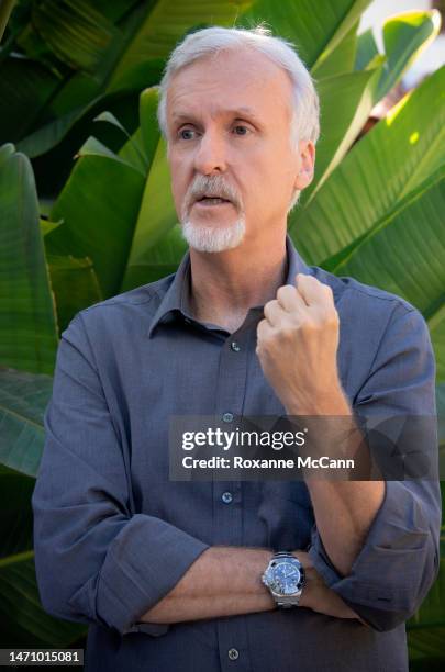 James Cameron describes the features of The Muse School at his home in 2013 in Malibu, California.