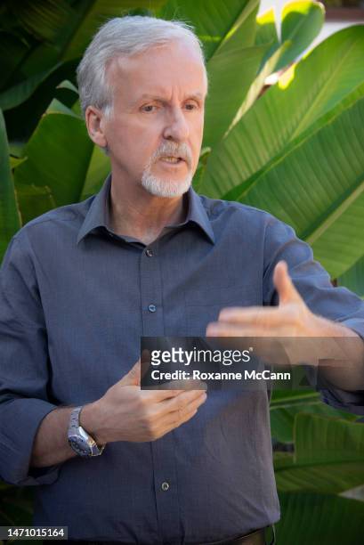 James Cameron describes the features of The Muse School at his home in 2013 in Malibu, California.