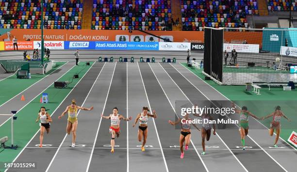 Mujinga Kambundji of Switzerland celebrates after winning the Women's 60m Final during Day 1 of the European Athletics Indoor Championships at the...