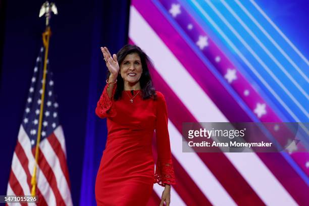 Republican presidential candidate Nikki Haley speaks during the annual Conservative Political Action Conference at the Gaylord National Resort Hotel...