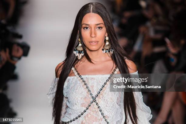 The top model Lea T walks the runway during the Teca by Helo Rocha fashion show at Sao Paulo Fashion Week Summer 2016 RTW SPFW on April 16, 2015 in...