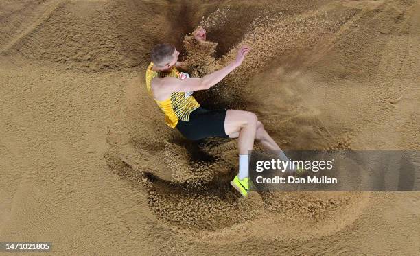 Max Heb of Germany competes during the Men's Triple Jump Final during Day 1 of the European Athletics Indoor Championships at the Atakoy Arena on...