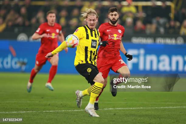 Julian Brandt of Borussia Dortmund has handball contact leading to a disallowed goal during the Bundesliga match between Borussia Dortmund and RB...