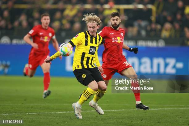 Julian Brandt of Borussia Dortmund has handball contact leading to a disallowed goal during the Bundesliga match between Borussia Dortmund and RB...