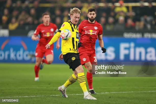 Julian Brandt of Borussia Dortmund has handball contact leading to a disallowed goal during the Bundesliga match between Borussia Dortmund and RB...