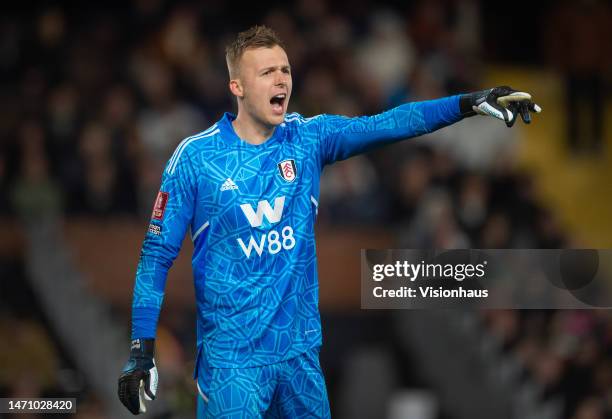 Marek Rodak of Fulham during the Emirates FA Cup Fifth Round match between Fulham and Leeds United at Craven Cottage on February 28, 2023 in London,...