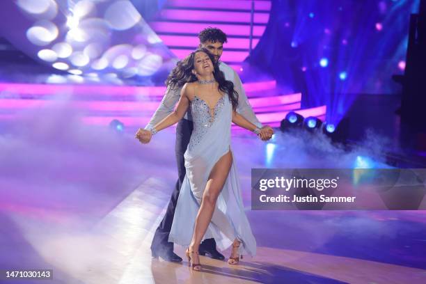 Younes Zarou and Malika Dzumaev dance on stage during the second "Let's Dance" show at MMC Studios on March 03, 2023 in Cologne, Germany.