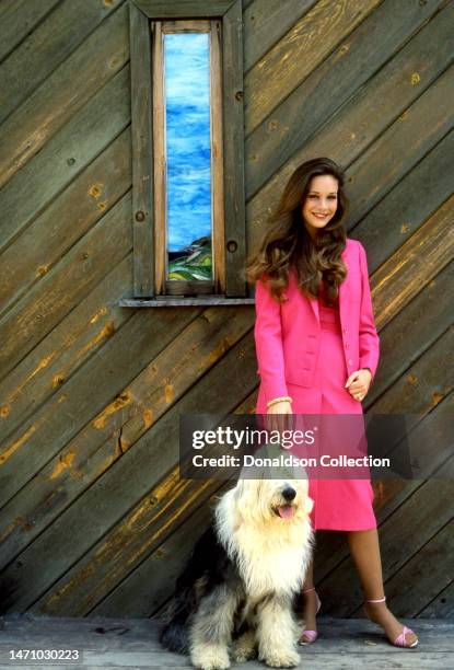 American actress Mary Crosby poses for a portrait her dog in Los Angeles, California, circa 1980.