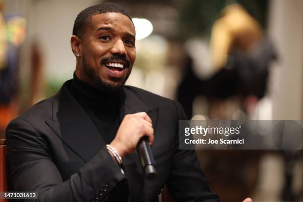 Michael B. Jordan speaks onstage during the Creed III Launch at Ralph Lauren on March 02, 2023 in Beverly Hills, California.