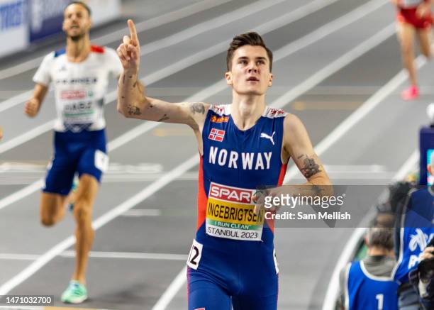 Jakob Ingebrigtsen of Norway competes in the Mens 1500 Final during the European Athletics Indoor Championships at the Ataköy Athletics Arena on...