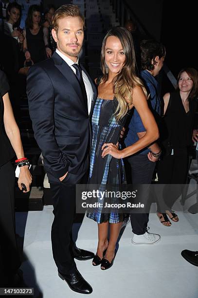 Kellan Lutz and Sharni Vinson attend the Emporio Armani show as part of Milan Fashion Week Menswear Spring/Summer 2013 on June 25, 2012 in Milan,...