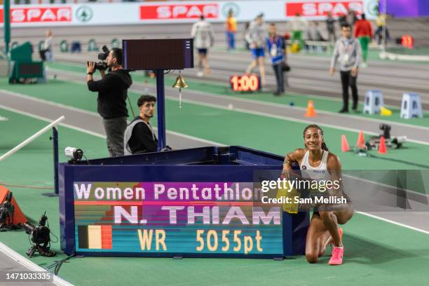 Nafissatou Thiam of Belgium celebrates setting a new World Record in the Womens Pentathlon Final with 5055 points during the European Athletics...