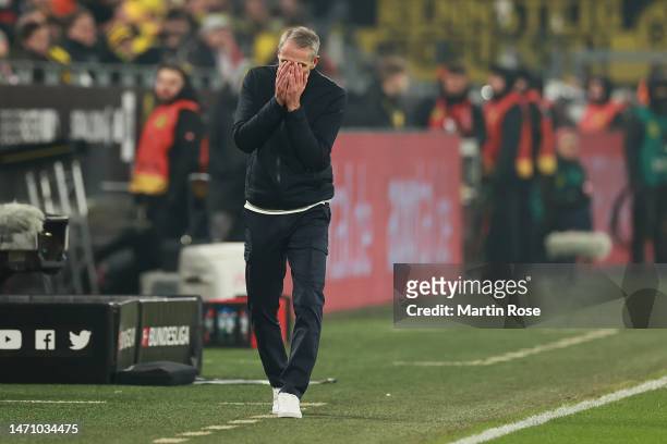 Marco Rose, Head Coach of RB Leipzig, reacts during the Bundesliga match between Borussia Dortmund and RB Leipzig at Signal Iduna Park on March 03,...