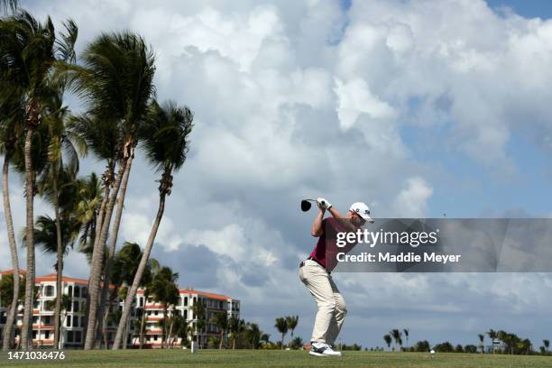 Anders Albertson of the United States hits his first shot on the 14th hole during the second round of the Puerto Rico Open at Grand Reserve Golf Club...