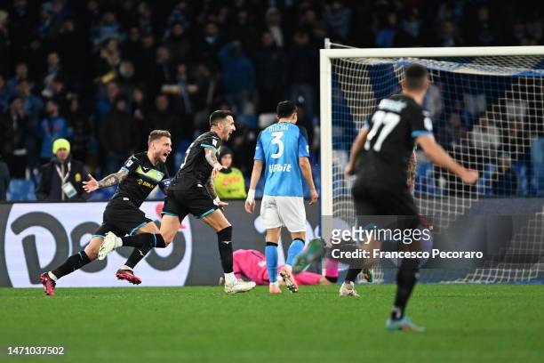 Matias Vecino of SS Lazio celebrates with teammates after scoring the team's first goal during the Serie A match between SSC Napoli and SS Lazio at...