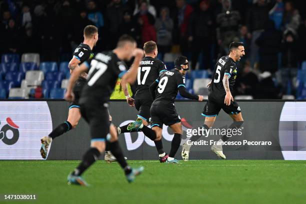 Matias Vecino of SS Lazio celebrates with teammates after scoring the team's first goal during the Serie A match between SSC Napoli and SS Lazio at...