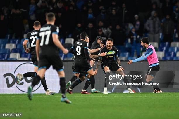 Matias Vecino of SS Lazio celebrates with teammates after scoring the team's first goal during the Serie A match between SSC Napoli and SS Lazio at...