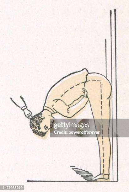 man demonstrating standing forward bend exercise - 19th century - yoga forward bend stock illustrations