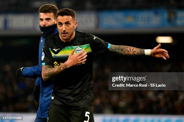 Matias Vecino of SS Lazio celebrates a opening goal during the Serie A match between SSC Napoli and SS Lazio at Stadio Diego Armando Maradona on...