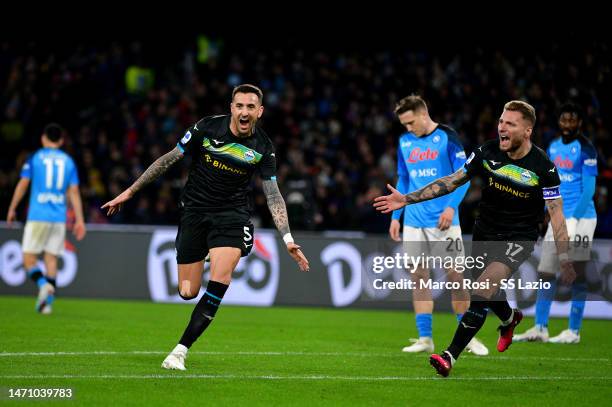 Matias Vecino of SS Lazio celebrates a opening goal during the Serie A match between SSC Napoli and SS Lazio at Stadio Diego Armando Maradona on...