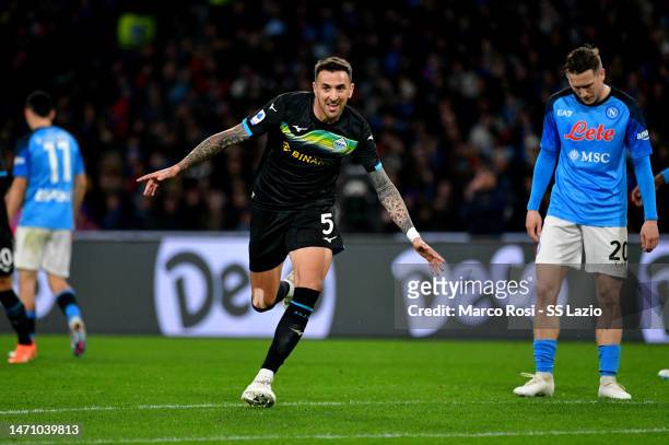 Matias Vecino of SS Lazio celebrates a opening goal during the Serie A match between SSC Napoli and SS Lazio at Stadio Diego Armando Maradona on...