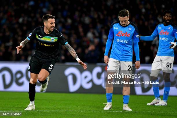 Matias Vecino of SS Lazio celebrates a opening goal during the Serie A match between SSC Napoli and SS Lazio at Stadio Diego Armando Maradona on...