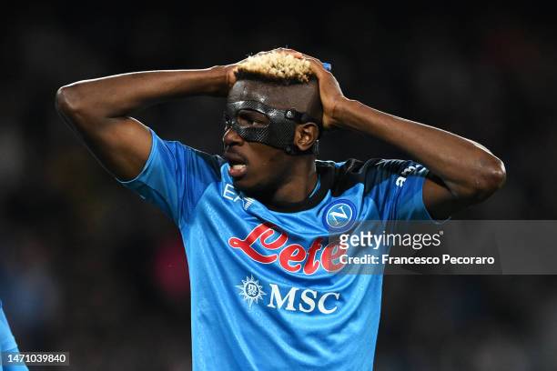 Victor Osimhen of SSC Napoli reacts during the Serie A match between SSC Napoli and SS Lazio at Stadio Diego Armando Maradona on March 03, 2023 in...