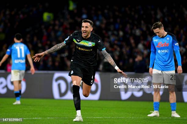 Matias Vecino of SS Lazio celebrates a opening goal during the Serie A match between SSC Napoli and SS Lazio at Stadio Diego Armando Maradona on...