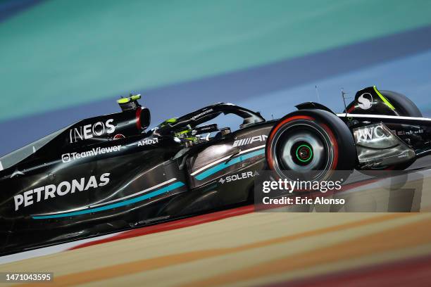 Lewis Hamilton of Great Britain driving the Mercedes AMG Petronas F1 Team W14 on track during practice ahead of the F1 Grand Prix of Bahrain at...