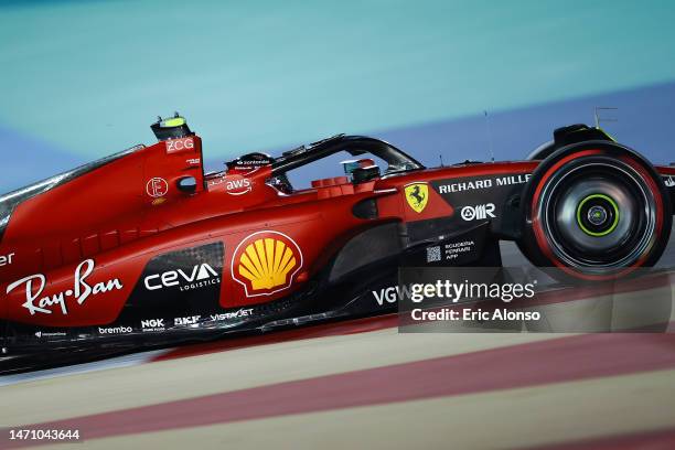 Carlos Sainz of Spain driving the Ferrari SF-23 on track during practice ahead of the F1 Grand Prix of Bahrain at Bahrain International Circuit on...