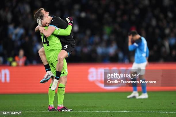 Patric and Ivan Provedel of SS Lazio celebrate following the Serie A match between SSC Napoli and SS Lazio at Stadio Diego Armando Maradona on March...
