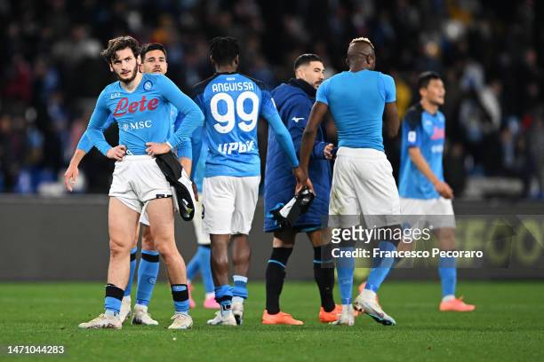 Khvicha Kvaratskhelia of SSC Napoli reacts following the Serie A match between SSC Napoli and SS Lazio at Stadio Diego Armando Maradona on March 03,...