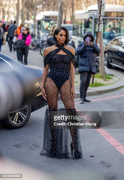 Singer Ciara is seen wearing transparent embroidered navy dress outside Giambattista Valli during the Paris Fashion Week - Womenswear Fall Winter...