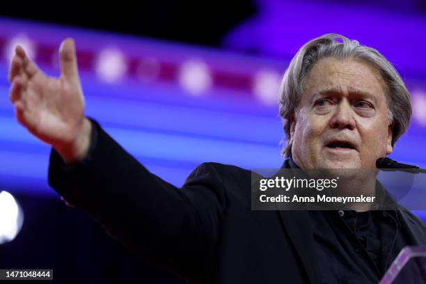 Former White House chief strategist for the Trump Administration Steve Bannon speaks during the annual Conservative Political Action Conference at...