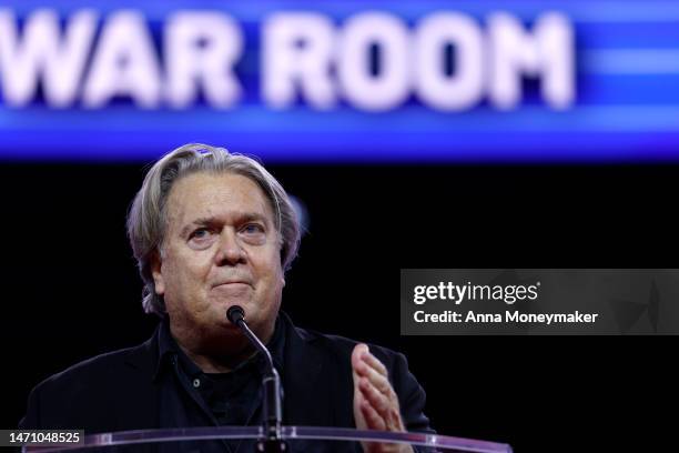Former White House chief strategist for the Trump Administration Steve Bannon speaks during the annual Conservative Political Action Conference at...