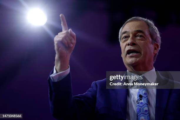 Nigel Farage, former Brexit Party leader, speaks during the annual Conservative Political Action Conference at the Gaylord National Resort Hotel And...