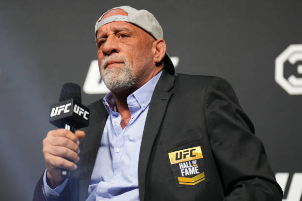 Hall of famer Mark Coleman is seen on stage during the UFC 30th Anniversary Q&A session at MGM Grand Garden Arena on March 03, 2023 in Las Vegas,...