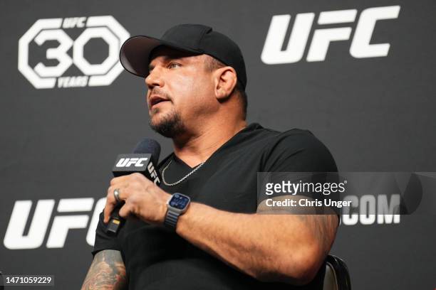 Former UFC heavyweight champion Frank Mir is seen on stage during the UFC 30th Anniversary Q&A session at MGM Grand Garden Arena on March 03, 2023 in...