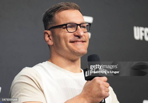 Former UFC heavyweight champion Stipe Miocic is seen on stage during the UFC 30th Anniversary Q&A session at MGM Grand Garden Arena on March 03, 2023...