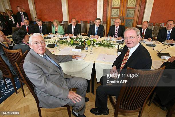 Northern Ireland Deputy First Minister Martin McGuiness, Northern Ireland First Minister Dr Ian Paisley , Britain's Prime Minister Gordon Brown and...