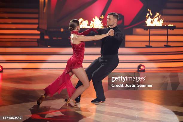 Mariia Maksina and Michael „Mimi“ Kraus dance on stage during the second "Let's Dance" show at MMC Studios on March 03, 2023 in Cologne, Germany.