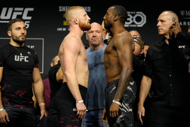 Opponents Bo Nickal and Jamie Pickett face off during the UFC 285 ceremonial weigh-in at MGM Grand Garden Arena on March 03, 2023 in Las Vegas,...