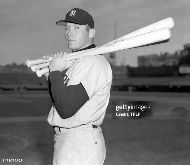 Mickey Mantle of the New York Yankees poses for a portrait during practice prior to Game 3 of the 1958 World Series against the Milwaukee Braves at...