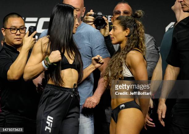 Opponents Jessica Penne and Tabatha Ricci of Brazil face off during the UFC 285 ceremonial weigh-in at MGM Grand Garden Arena on March 03, 2023 in...
