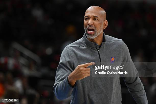 Head coach Monty Williams of the Phoenix Suns reacts in the first half against the Chicago Bulls at United Center on March 03, 2023 in Chicago,...